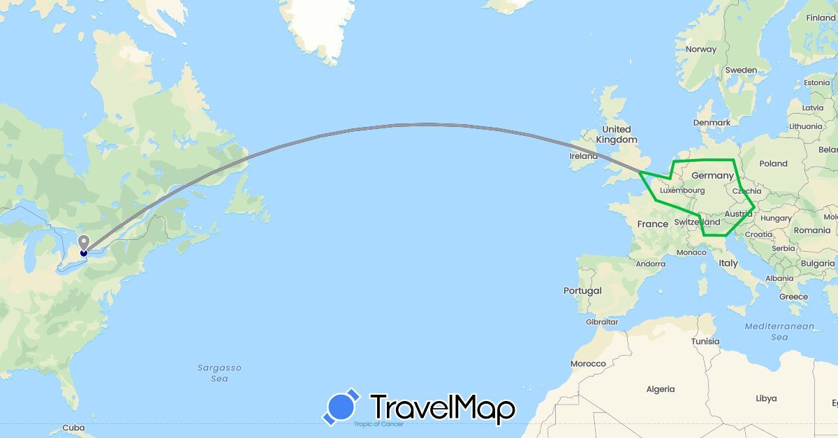 TravelMap itinerary: driving, bus, plane in Austria, Belgium, Canada, Switzerland, Czech Republic, Germany, France, United Kingdom, Italy, Netherlands (Europe, North America)